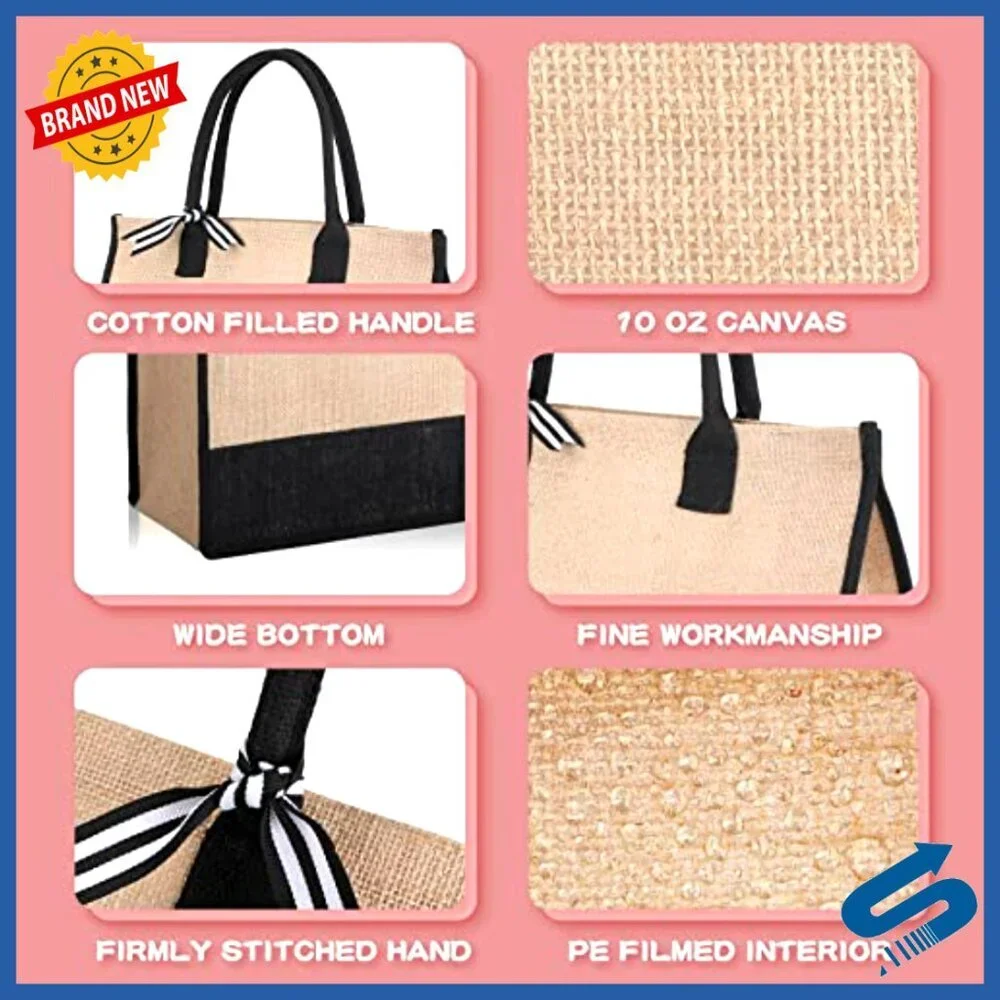 Large Jute Tote Bags Set Reusable Burlap Beach Shopping Grocery DIY Gift